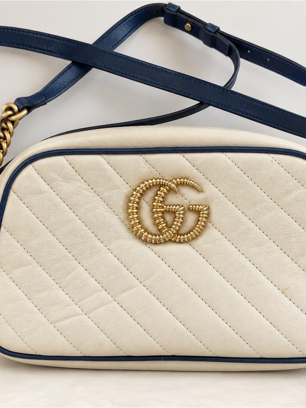 Gucci Off-White Quilted Leather Camera Bag with Navy Trim and Gold GG
